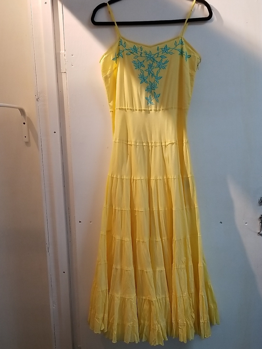 Sunny Yellow Spaghetti-Strap Maxi Dress with Teal Floral Embroidery